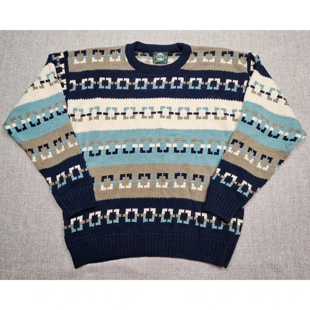 Vintage Jantzen Sweater Mens XL Blue Tan Geometric Knit Pullover Pattern 90s